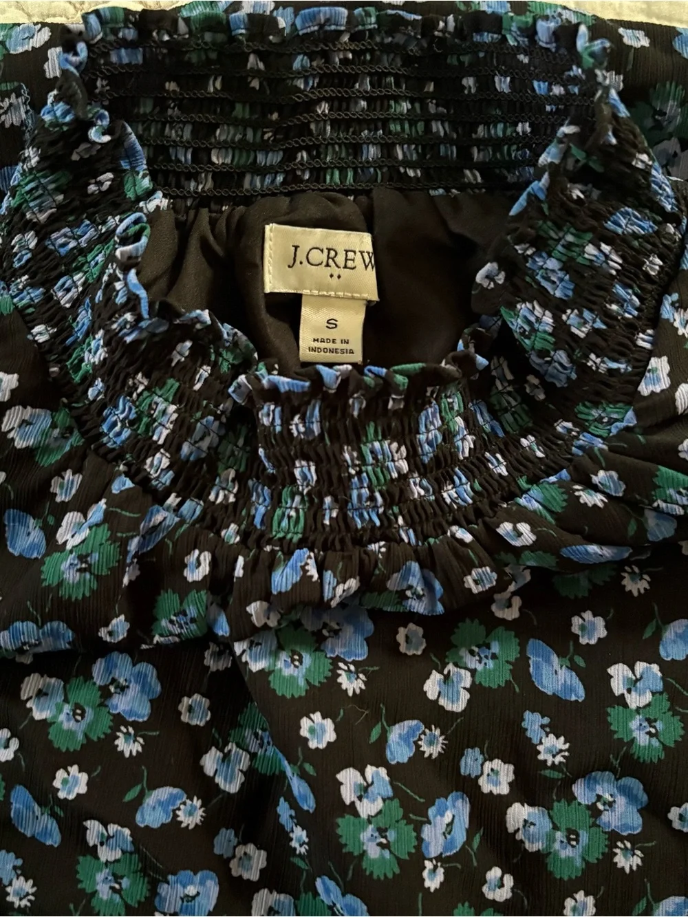 J. Crew Black Mock Neck Blouse with Blue and Green Floral Print